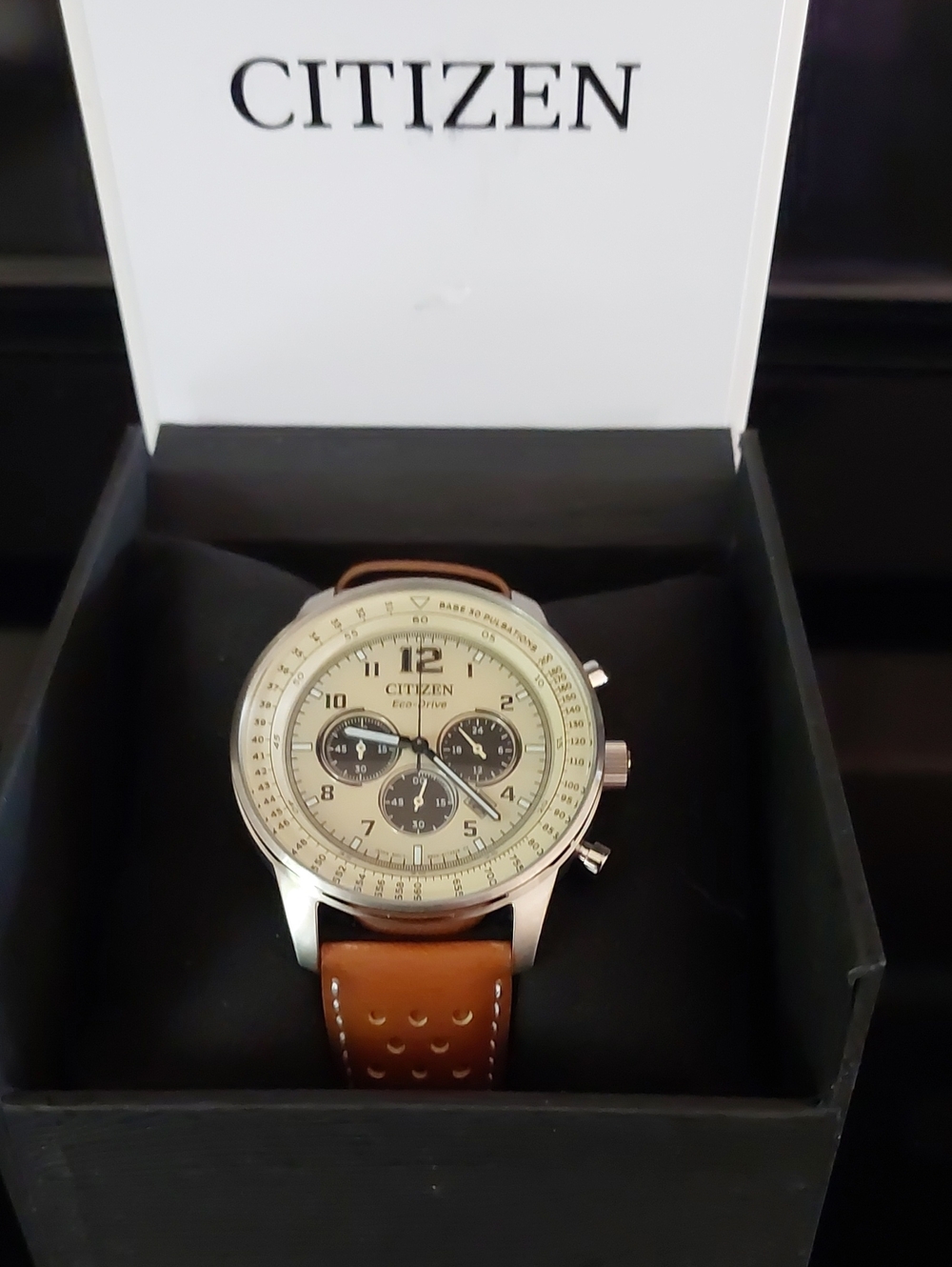 Citizen Chronograph Watch with Cream Dial and Brown Strap